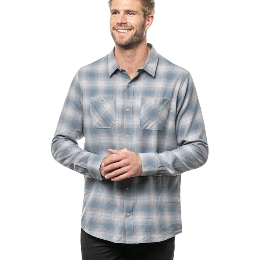 Travis Mathew Men's High Stakes Flannel Shirt Blue Gray Plaid Size Medium Light